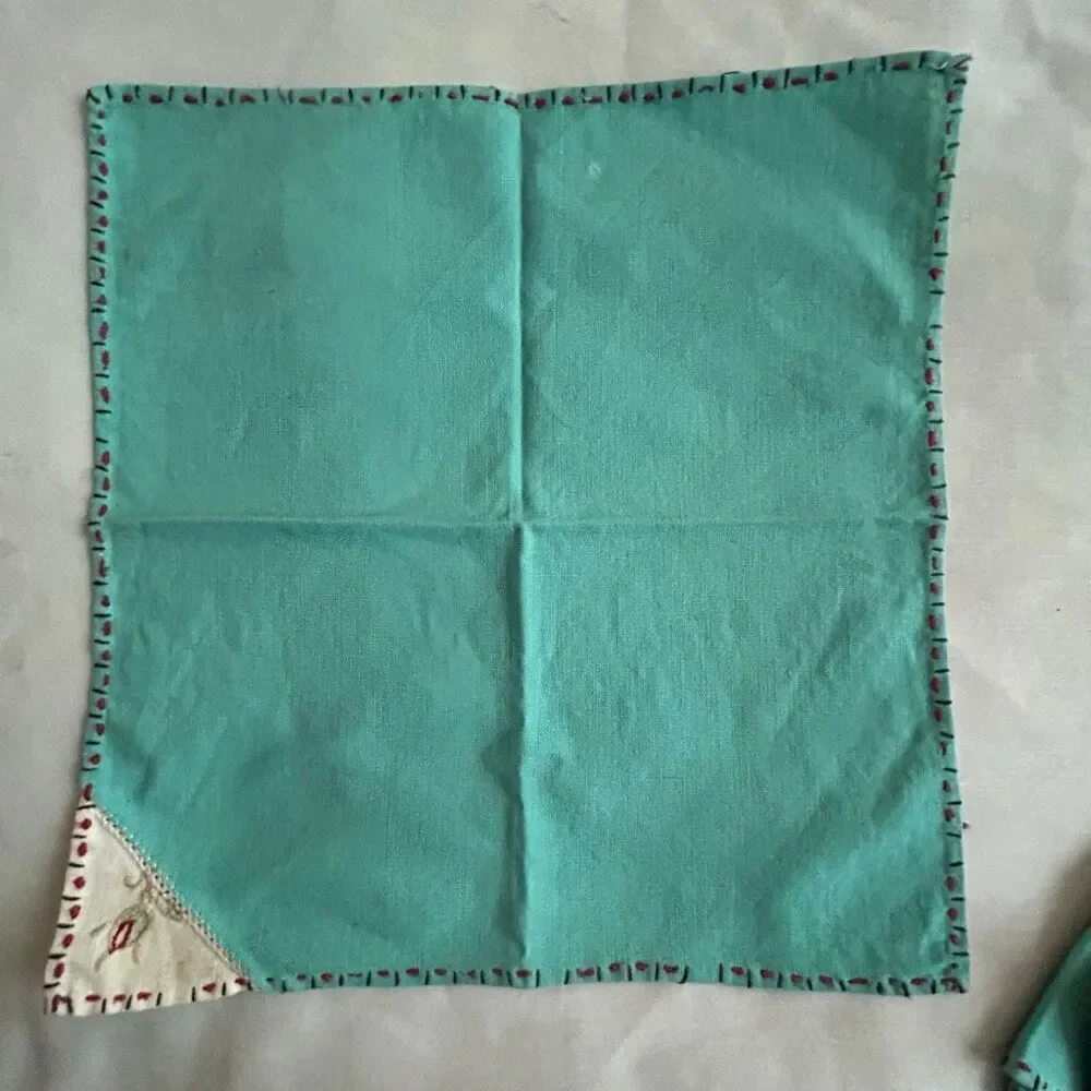 Set of 3 Vintage Handmade Turquoise Embroidered Napkins